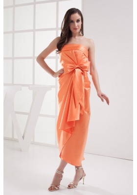 Column Orange Strapless Bow Satin Ruching Prom Dress