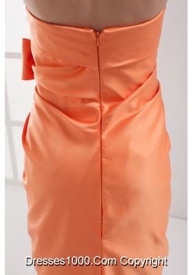 Column Orange Strapless Bow Satin Ruching Prom Dress