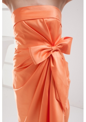 Column Orange Strapless Bow Satin Ruching Prom Dress