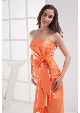 Column Orange Strapless Bow Satin Ruching Prom Dress