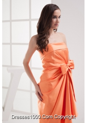 Column Orange Strapless Bow Satin Ruching Prom Dress