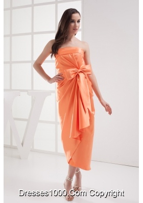 Column Orange Strapless Bow Satin Ruching Prom Dress