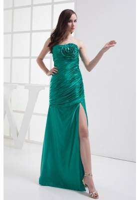 Column Strapless High slit Hand Made Flower Ruching Prom Dress