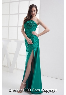 Column Strapless High slit Hand Made Flower Ruching Prom Dress