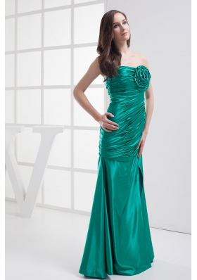 Column Strapless High slit Hand Made Flower Ruching Prom Dress