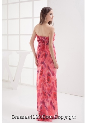 Column Strapless Printing Hand Made Flowers Prom Dress