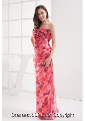 Column Strapless Printing Hand Made Flowers Prom Dress