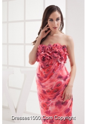 Column Strapless Printing Hand Made Flowers Prom Dress