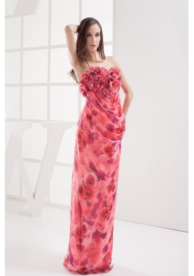 Column Strapless Printing Hand Made Flowers Prom Dress