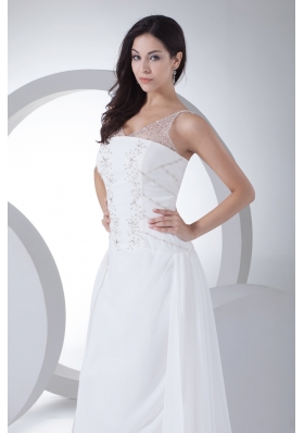 Column V-neck Appliques Chiffon Wedding Dress