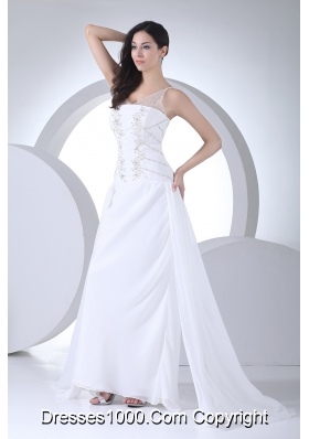 Column V-neck Appliques Chiffon Wedding Dress