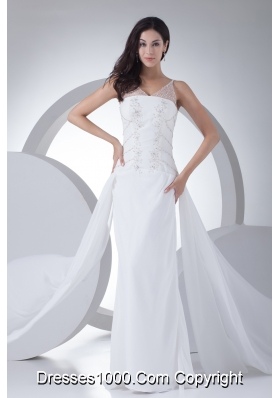 Column V-neck Appliques Chiffon Wedding Dress