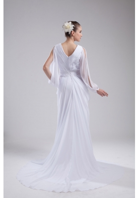 Column V-neck Ruching Long Sleeves Wedding Dress