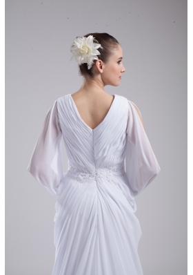 Column V-neck Ruching Long Sleeves Wedding Dress