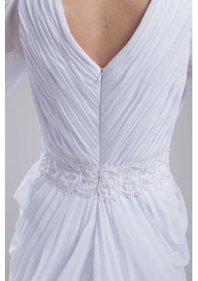 Column V-neck Ruching Long Sleeves Wedding Dress