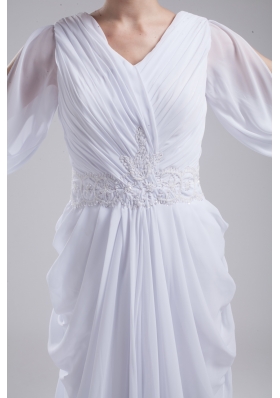 Column V-neck Ruching Long Sleeves Wedding Dress