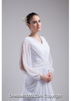 Column V-neck Ruching Long Sleeves Wedding Dress