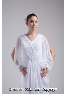 Column V-neck Ruching Long Sleeves Wedding Dress