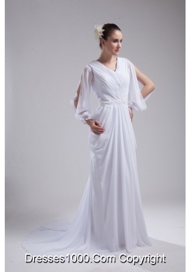 Column V-neck Ruching Long Sleeves Wedding Dress