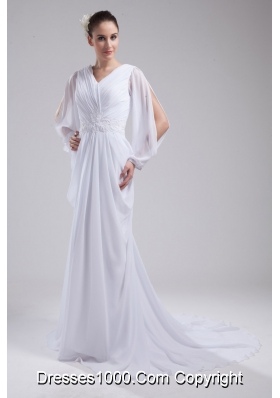 Column V-neck Ruching Long Sleeves Wedding Dress