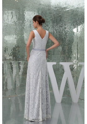 Column V-neck Sash Lace Long Wedding Dress