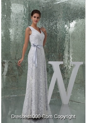 Column V-neck Sash Lace Long Wedding Dress