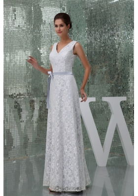 Column V-neck Sash Lace Long Wedding Dress