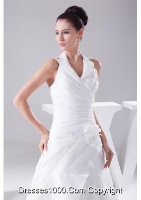 Court Train Ruching Halter A-Line Wedding Dress with Lace-up