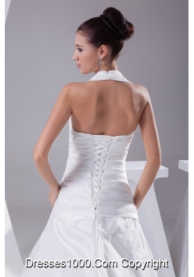 Court Train Ruching Halter A-Line Wedding Dress with Lace-up