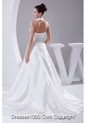 Court Train Ruching Halter A-Line Wedding Dress with Lace-up