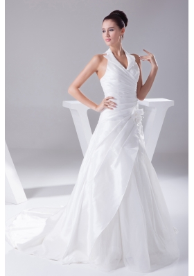 Court Train Ruching Halter A-Line Wedding Dress with Lace-up