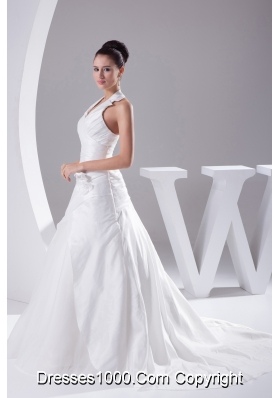 Court Train Ruching Halter A-Line Wedding Dress with Lace-up