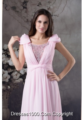 Empire Prom Dress With Long Beading Cap Sleeves Scoop Neck