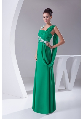 Green Appliques Ruching Empire Long Prom Dress