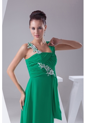 Green Appliques Ruching Empire Long Prom Dress