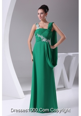 Green Appliques Ruching Empire Long Prom Dress