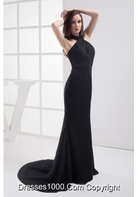 Halter Top Mermaid Beading Black Prom Dress