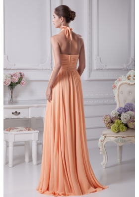 Halter Top Orange Beading Empire Brush Train Prom Dress