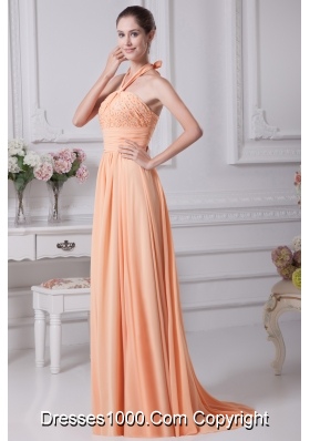 Halter Top Orange Beading Empire Brush Train Prom Dress