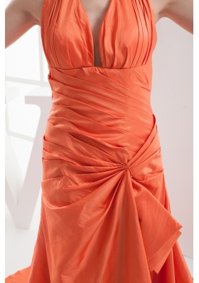 Halter Top Orange Court Train Ruching Prom Dress