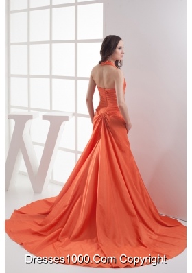 Halter Top Orange Court Train Ruching Prom Dress