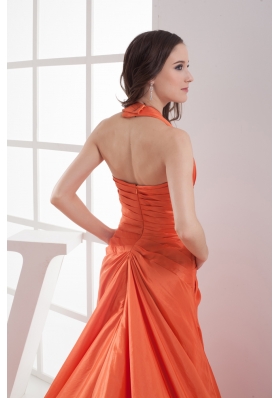 Halter Top Orange Court Train Ruching Prom Dress