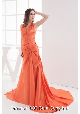 Halter Top Orange Court Train Ruching Prom Dress