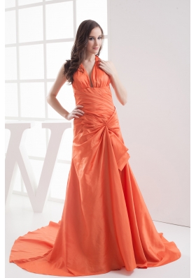 Halter Top Orange Court Train Ruching Prom Dress