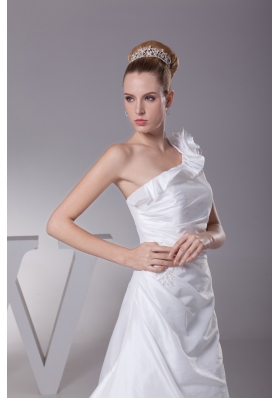 Hand Made Flower One Shoulder Column Long Wedding Dress