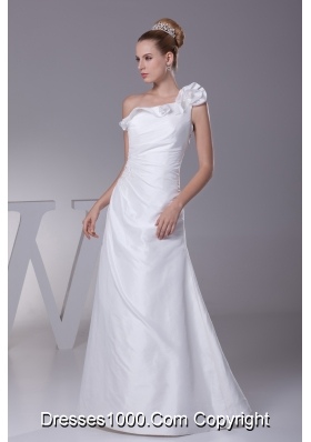 Hand Made Flower One Shoulder Column Long Wedding Dress