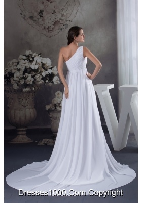 Hand Made Flowers Empire One Shoulder Court Train Wedding Dress