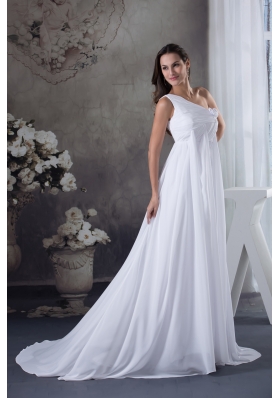 Hand Made Flowers Empire One Shoulder Court Train Wedding Dress