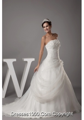 Hand Made Flowers Strapless Court Train Wedding Dress