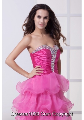 Hot Pink Beading Ruffled Layers Knee-length Prom Dress